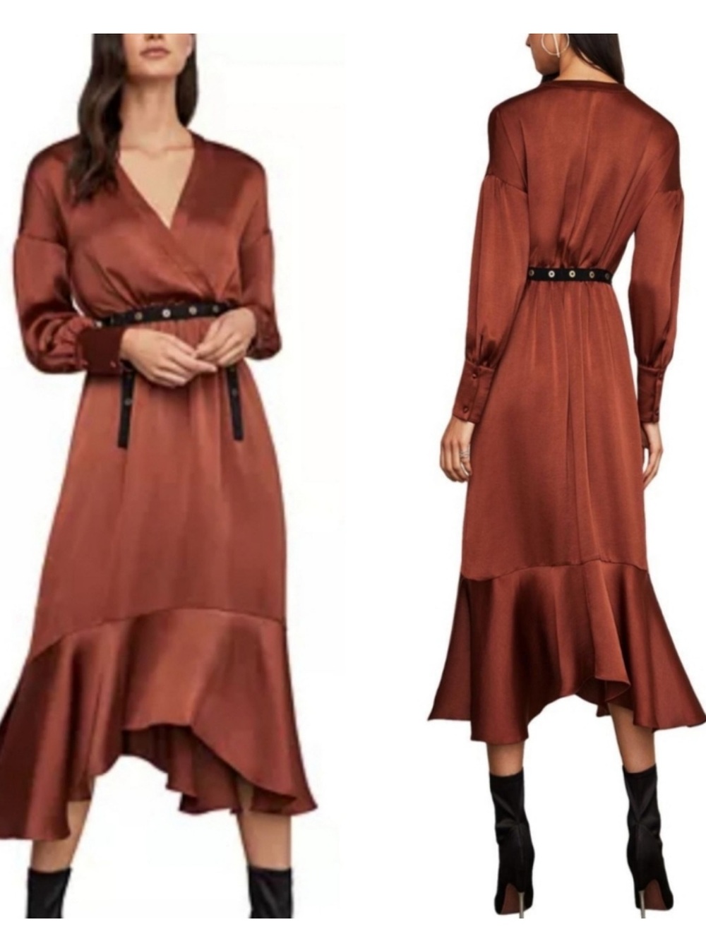 NWT BCBGMaxAzaria Belted Blouson Midi Dress in Deep Bronze sz M